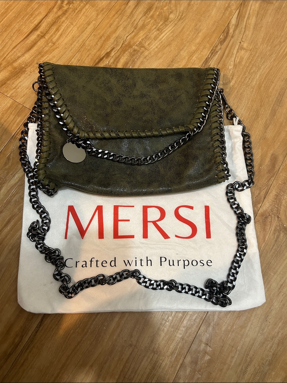 MERSI Olive Chain-Trim Crossbody Shoulder Bag